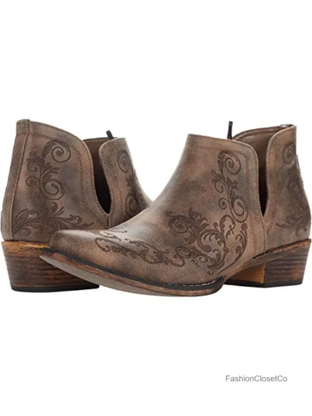 Faux Leather Snip Toe Ankle Boots Low Heel Laser Filligree Casual